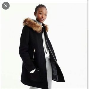 JCREW: wool coat in black with faux fur hood. Size:4. Gently worn.